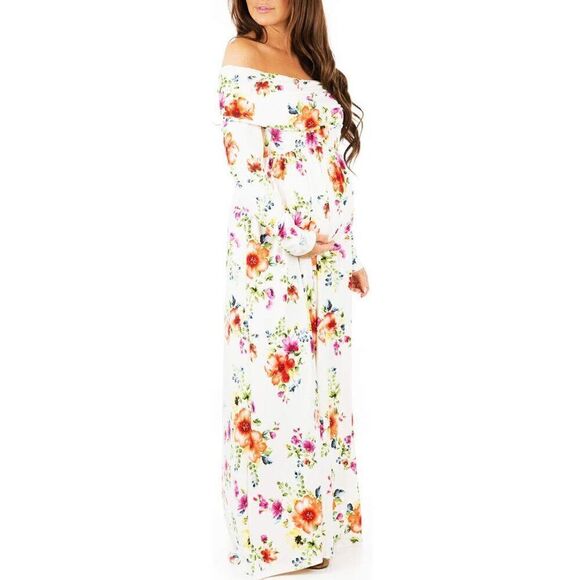 Like New Mother Bee Maternity Off the Shoulder White Floral Soft Maternity Dress - Picture 1 of 11